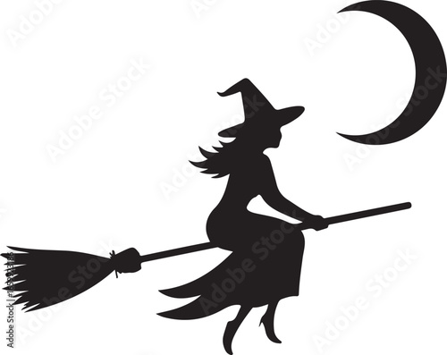 Black silhouette of a witch flying on a broomstick against a crescent moon vector