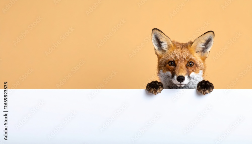 Obraz premium Curious fox peeking over white surface studio setting animal photography neutral background close-up perspective wildlife concept