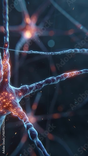 Vertical video neural network firing with glowing synapsis and nerve cells