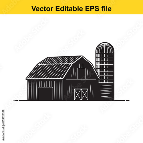 Black and white illustration of a barn and silo, isolated on white background
