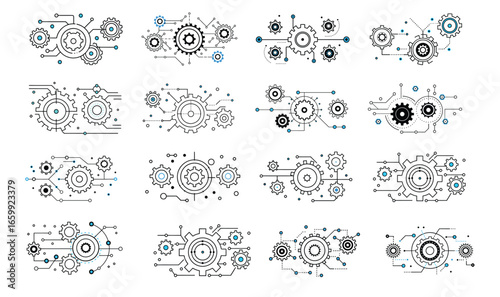 Sixteen abstract tech panels with intricate gears, circuits, and digital patterns in monochrome linework, ideal for themes of data, networks, and futuristic machinery.
