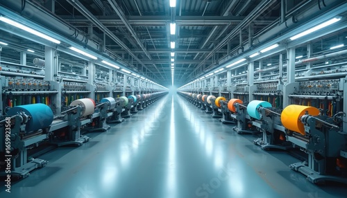 Textile manufacturing facility with long production lines. Advanced machinery dedicated to fabric creation. Industrial workspace featuring weaving technology equipment mass production. Workflow