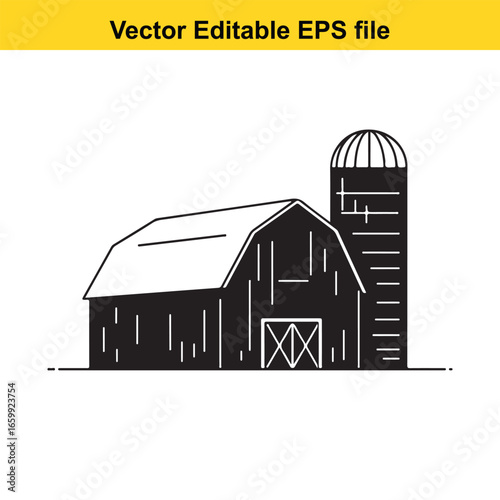 Black and white illustration of a barn and silo, isolated on white background