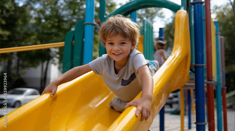 Fototapeta premium Playground Joy: Child Sliding Down Slide with Delight