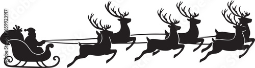 Black silhouette of Santa Claus in a sleigh pulled by five reindeer Christmas winter