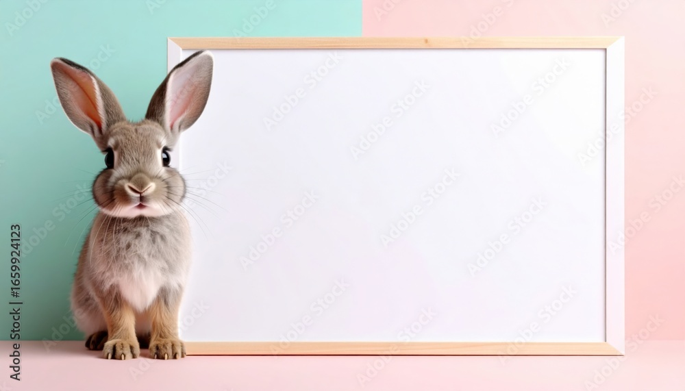Obraz premium Playful rabbit pose against a pastel background whimsical photo display indoor setting close-up perspective cute animal concept
