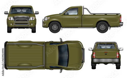 Green pickup truck vector mockup, view from side, front, back, and top. All elements in the groups on separate layers for easy editing and recolor