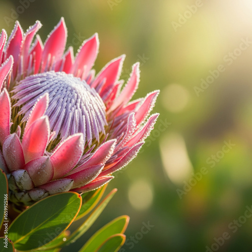 A unique protea flower with dew, set against a sunlit background with empty space for a message.