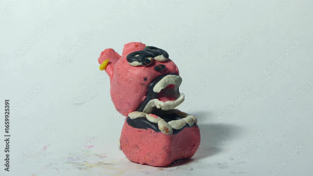 A child's handmade plasticine pink rabbit with an open mouth. A creative clay figure with a funny, shocked expression. A kid's imaginative toy. A kindergarten art project for children.
