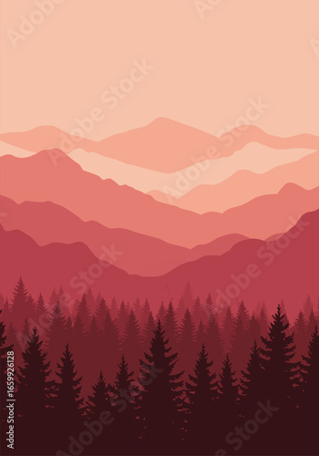 Serene vector illustration of a minimalist mountain landscape with a pine forest silhouette, featuring layered peaks in warm red sunset tones. 