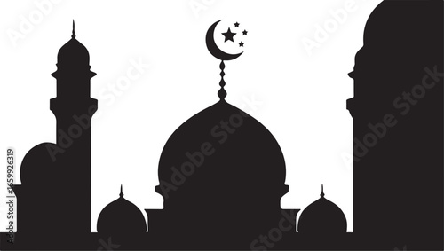 Black silhouette of a mosque with domes and minarets against a white background Islamic architecture