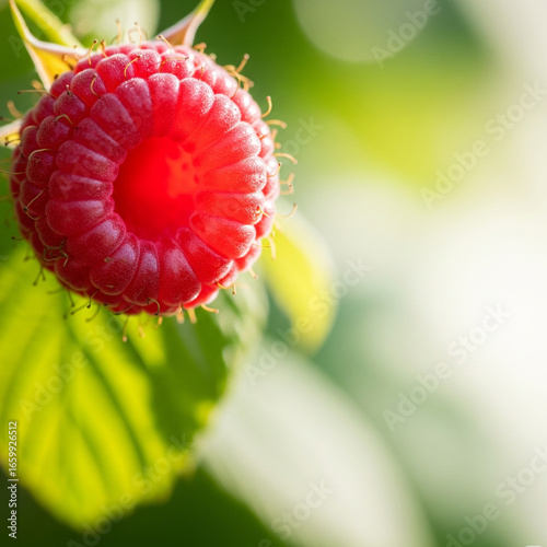A realistic macro shot of a raspberry with dew drops, designed for a marketing banner.