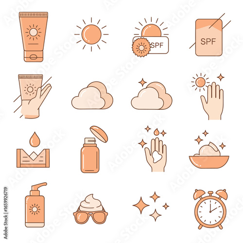 A modern collection of peach and blue outline icons illustrating vital sun protection, daily skincare routines, and cosmetic product application for healthy radiance.