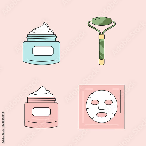 A charming set of flat-style illustrations depicting essential skincare products, including nourishing face creams, a soothing jade roller, and a revitalizing sheet mask.