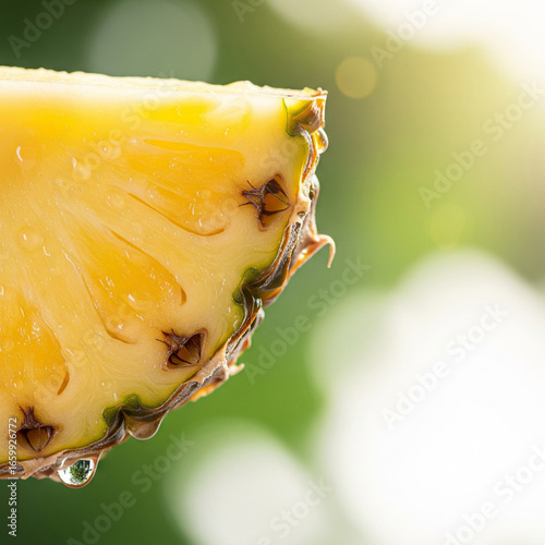 A fresh slice of pineapple with dew, positioned for a marketing ad with clear space.