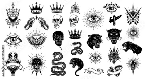 Vintage tattoo designs: skulls, eyes, snakes, and crowns in black and white