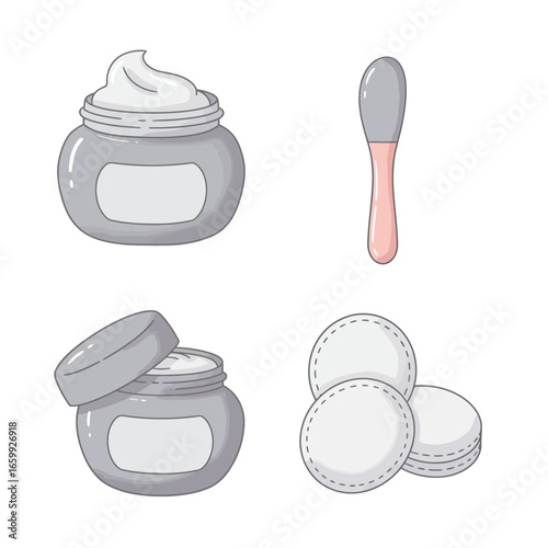 A clean, isolated illustration showcasing essential beauty and skincare items: an open cream jar, a closed jar, a cosmetic spatula, and soft cotton pads.
