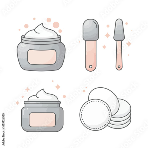 An appealing illustration featuring essential skincare products like moisturizing cream jars, precise spatulas, and soft cotton pads, perfect for a beauty regimen.