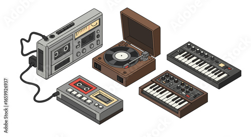 Retro music collection: isometric turntable, cassette player, and synthesizers
