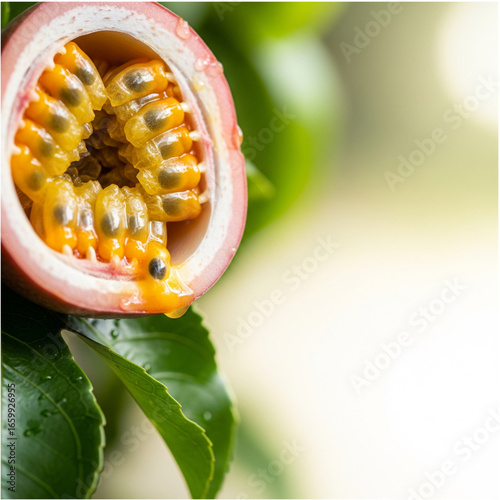 A macro photo of a cut passion fruit, showing its vibrant pulp with empty space for text.