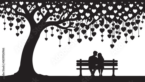 Silhouette of a couple sitting on a bench under a tree with heart-shaped leaves love romance