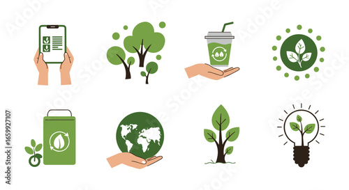 Sustainable eco icons: nature, technology, and innovation for a greener future