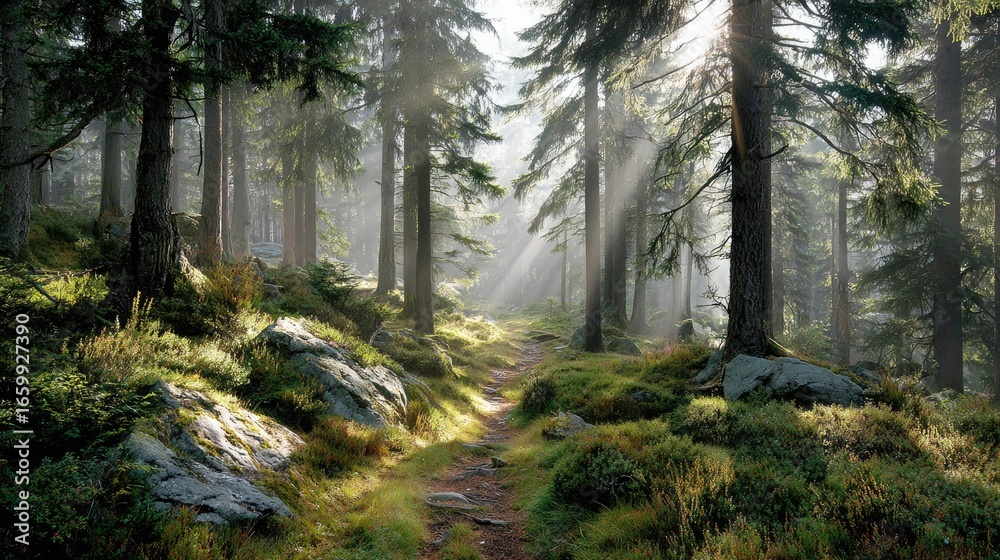 Obraz premium Serene Forest Pathway with Sunlight Filtering Through Tall Green Trees and Lush Underbrush