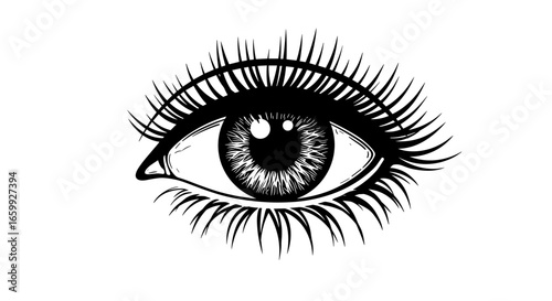 Intricate black and white eye design with detailed lashes