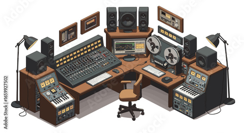 Retro music studio with analog equipment and vintage recording gear in isometric design