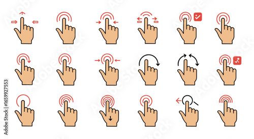 Interactive hand gesture icons for touchscreen and swipe navigation