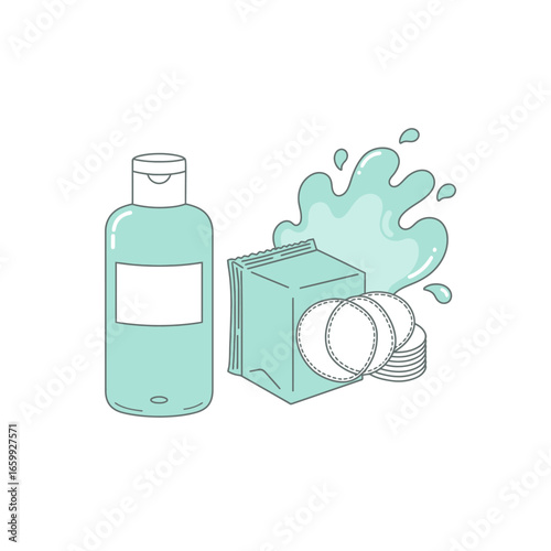 An illustration featuring a bottle of facial cleansing liquid and a pack of soft cotton pads, essential tools for daily skincare routines.