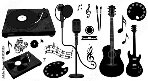 Music studio equipment and instruments in artistic silhouette collection