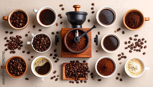 Coffee Beans with Grinder, Cups, and Flatlay.