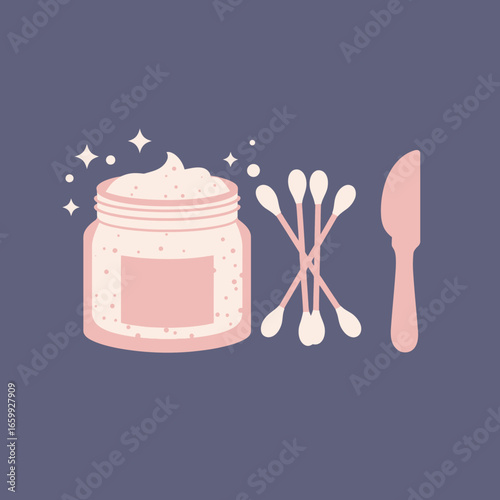 A clean, minimalist graphic depicting a sparkling jar of body scrub, cotton swabs, and a spatula, representing modern self-care and beauty routines.