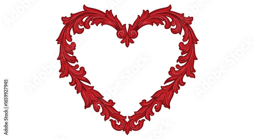 Elegant red baroque heart with ornate floral details on white background