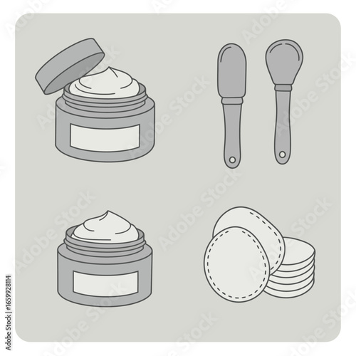 Clean vector icons illustrating essential skincare and beauty products, including open and closed cream jars, cosmetic spatulas, and soft cotton pads.
