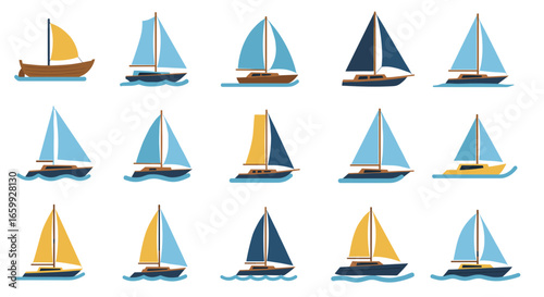 Colorful sailing boats collection on calm water in flat nautical design