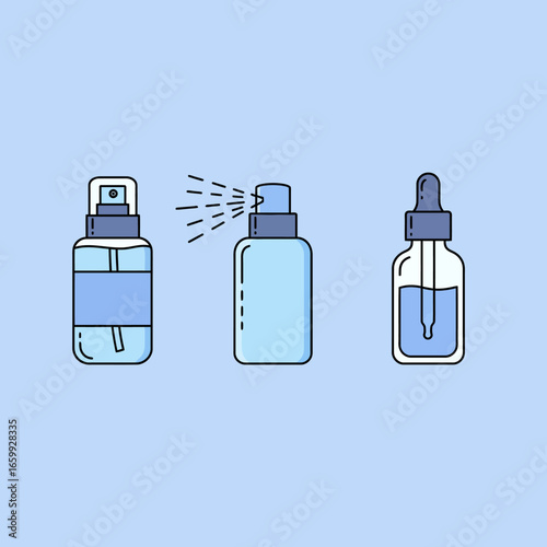 A minimalist illustration featuring various types of liquid containers, including spray bottles and a dropper, designed for cosmetic, hygiene, or medical product packaging.