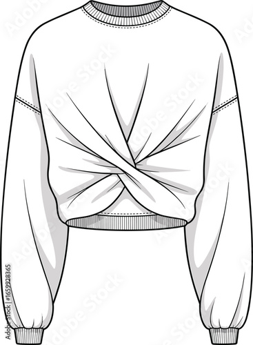 Cropped sweatshirt, twisted front design, long sleeves, ribbed cuffs, ribbed hem, casual wear, fashion sketch, CAD drawing, vector illustration
