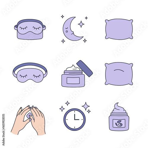 A comprehensive collection of vector icons illustrating essential elements for a peaceful night's sleep and relaxing evening self-care routine.