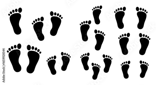 Silhouette footprints pattern: baby and adult feet set on white background