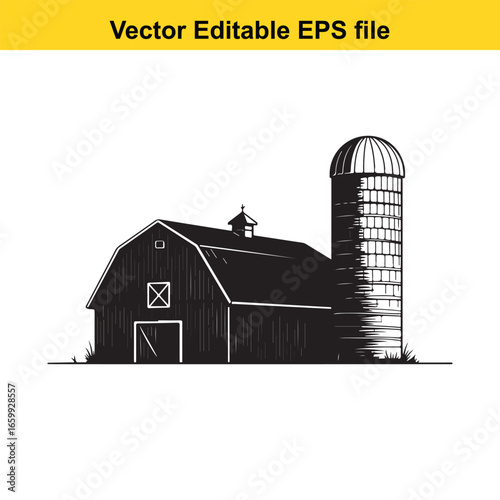 Black and white illustration of a barn and silo, isolated on white background