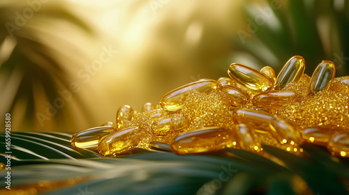 Luminous golden softgel capsules abundantly glistening on sparkling bed of glitter, elegantly presented amidst lush green foliage with soft, warm background glow, symbolizing natural health and radian