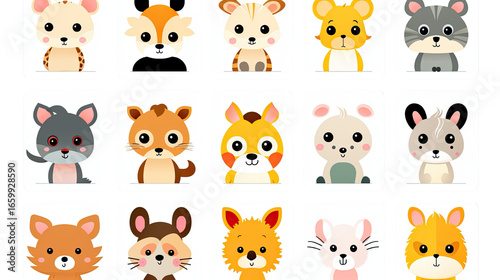 Title: Colorful Set of Adorable Zoo Animal Flashcards for Kids Learning and Education Isolated on White Background