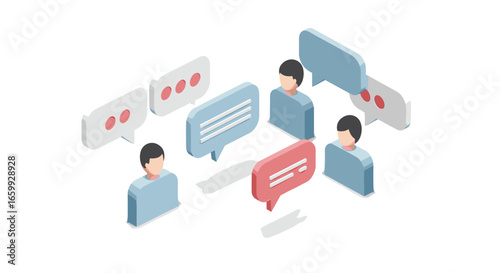 Isometric 3d people engaging in online chat with speech bubbles