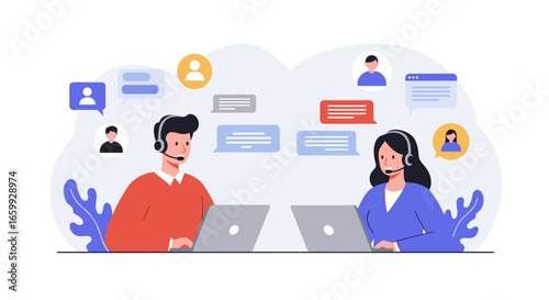 Online customer support team engaging in virtual communication with clients