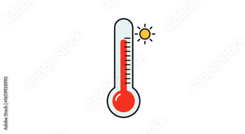 Simple thermometer with sun and rising temperature on white background