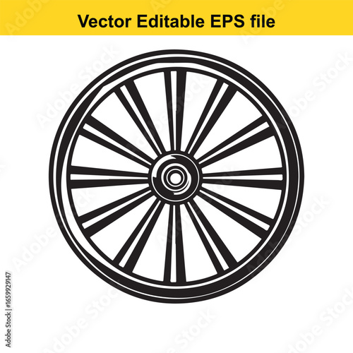 Black and white drawing of a wagon wheel, isolated on white background