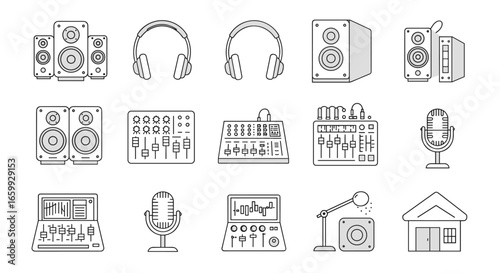 Audio equipment icons set featuring microphones, speakers, and headphones in a linear style