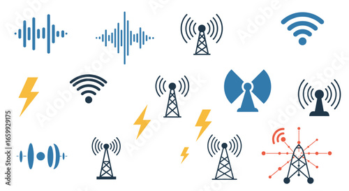 Wireless communication symbols with antennas and wifi signals in flat design